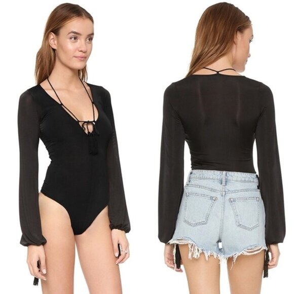 For Love and Lemons Kate Bodysuit Black Tassels Bell Sleeves Plunging V-neck S - Picture 3 of 16